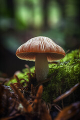 inedible small mushroom grows in the forest on forest litter, generative AI