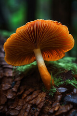 inedible small mushroom grows in the forest on forest litter, generative AI