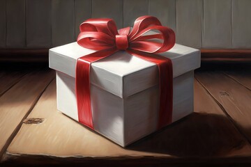 A White Gift Box with a Red Ribbon on a Wooden Table, Created by Generative AI Technology