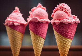 delicious cold pink strawberry ice cream in waffle cones, generative AI