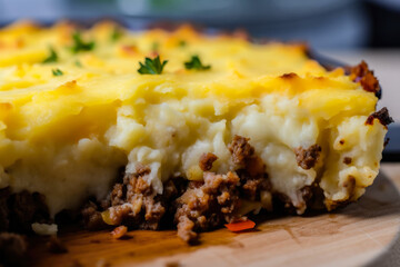 Close-up of a steaming-hot slice of Shepard's pie with a crispy, golden-brown mashed potato crust and rich, flavorful meat filling, generative ai