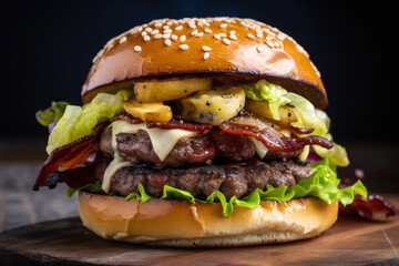 Close-up of a succulent and juicy Churrasco burger topped with melted cheese, crispy bacon, and fresh lettuce, generative ai