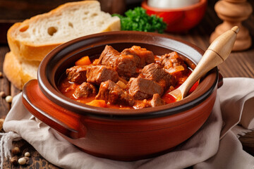 Close-up of a spoonful of traditional goulash with tender beef and paprika, served in a rustic ceramic bowl with a slice of fresh bread, generative ai