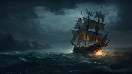 a boat sailing on strong waves during a night storm.