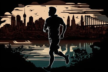 Silhouette of a Man Jogging in the City Created by Generative AI