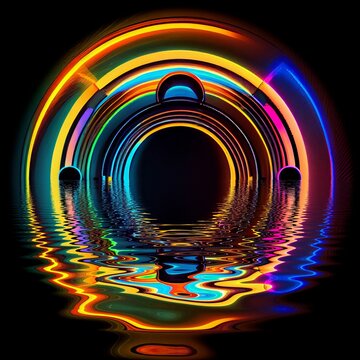 Rainbow abstract circular vortex and lake in neon rainbow colors, centered circle circular background wallpaper art, magical pride portal with watery reflection (generative AI, AI)