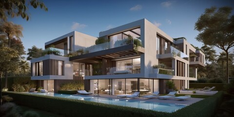 Fototapeta na wymiar Luxurious residential development with pool, generative ai