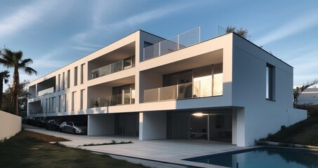 Fototapeta na wymiar Luxury residential development with pool, generative ai
