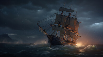 Fototapeta premium a boat sailing on strong waves during a night storm.