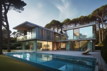 Obraz premium Luxury stone French mansion with veranda pool and garden, generative ai