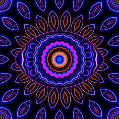Deep purple ultraviolet trippy eye mandala, fractal Indian paisley style design in violet black blue pink, symmetrical spiritual enlightenment third eye graphic 
