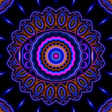 Deep purple ultraviolet trippy eye mandala, fractal Indian paisley style design in violet black blue pink, symmetrical spiritual enlightenment third eye graphic 