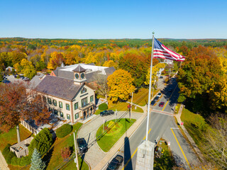 Acton Town Hall aerial view in 472 Main Street in historic town center of Acton, Massachusetts MA,...