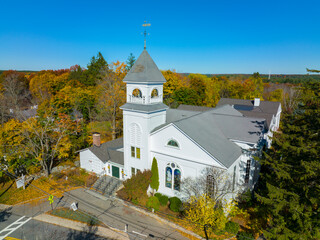 Acton Congregational Church aerial view at 12 Concord Road in historic town center of Acton, Massachusetts MA, USA. 