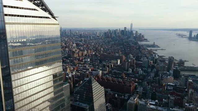 Aerial overview of Chelsea and Lower Manhattan cityscapes from Hudson Yards, NY