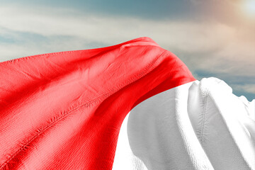 Indonesia national flag cloth fabric waving on beautiful grey sky.