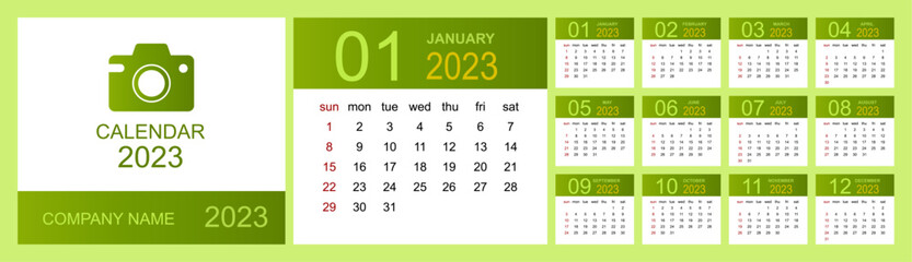 Calendar 2023. Set Desk Calendar template design with Place for Photo and Company Logo. Week Starts on Sunday. Isolated vector illustration