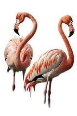 Naklejka premium a summer-themed illustration featuring two majestic isolated pink flamingo birds standing set on a transparent background and provided in PNG. Generative AI