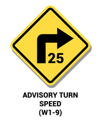 Manual On Uniform Traffic Control Device ( MUTCD ) ADVISORY TURN SPEED 25 MPH , United States Road Symbol Sign with description 