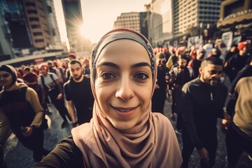 female marathon runner  wearing a hijab is taking a selfie while running through a crowd of other runners, with the city skyline in the background , wide angle view. Generative AI