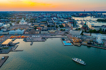 Sunset aerial view of Helsinki, Finland