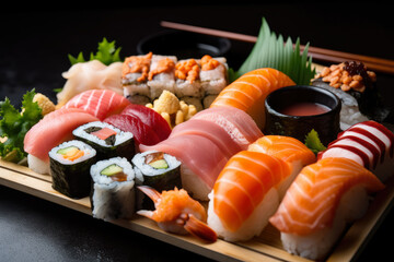 Close-up of a beautiful sushi platter with various types of rolls, nigiri, and sashimi, demonstrating the diversity and creativity of Japanese cuisine, generative ai