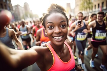 female marathon runner  is taking a selfie while running through a crowd of other runners, with the city skyline in the background , wide angle view. Generative AI