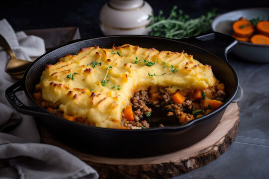 Classic Shepherd's pie with a unique twist - made with ground lamb, sweet potato mash, and a hint of cinnamon, served in a cast iron skillet, generative ai