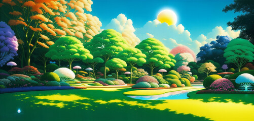 Fototapeta na wymiar Majestic and Dreamlike Park with Lush Greenery, a Serene Pond, and Towering Trees Generative AI Art Illustration