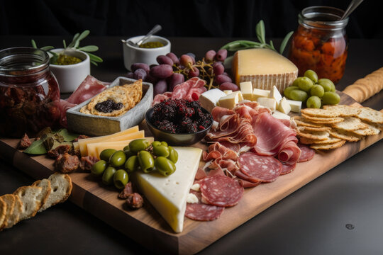 Charcuterie Board filled with an assortment of cured meats, cheeses, olives, and crackers presented on a marble slab, generative ai