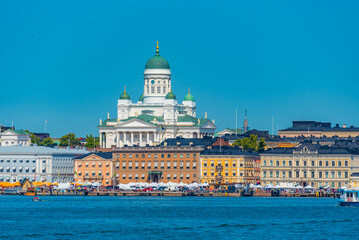 View of the port of Helsinki with the Helsinki cathedral at background, Finland.