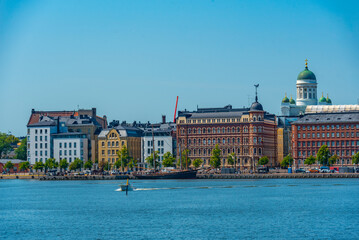 View of the port of Helsinki with the Helsinki cathedral at background, Finland.