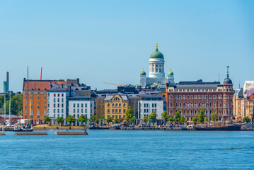 View of the port of Helsinki with the Helsinki cathedral at background, Finland.