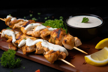 Fototapeta na wymiar appetizing close-up of chicken shawarma skewers, marinated in a blend of yogurt, lemon, and spices, served with garlic sauce on the side, generative ai