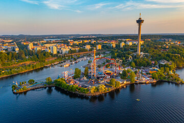 Aerial view of Särkänniemi  amusement park in Tampere, Finland. © dudlajzov