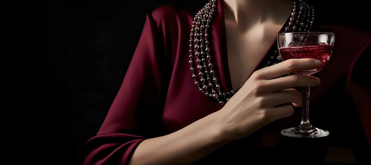 Beautiful woman in a evening red dress and precious jewelery with a glass of wine at gala event. Woman posing on a dark background. Beauty, fashion. digital art