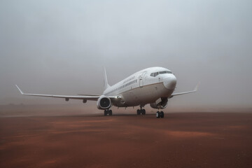 Fototapeta na wymiar plane landing on runway on cloudy day.