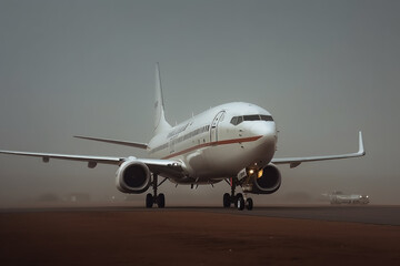 Fototapeta na wymiar plane landing on runway on cloudy day.