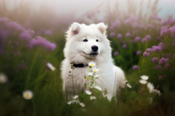 Obraz premium A Samoyed puppy with a fluffy sitting in a field of flowers.