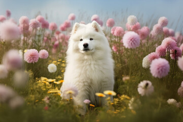 A Samoyed puppy with a fluffy sitting in a field of flowers.