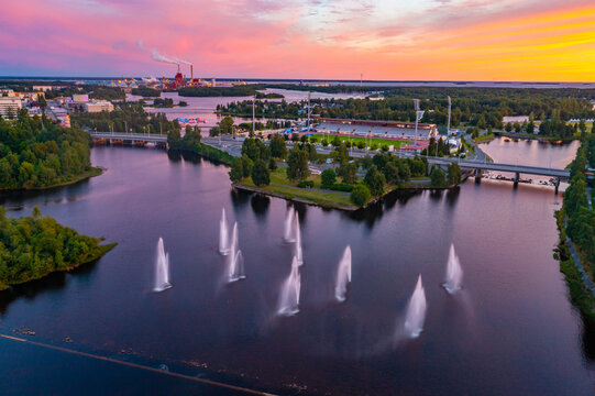 Sunset panorama view of Finnish town Oulu