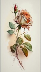 Watercolor Painting of Blooming Rose Flower