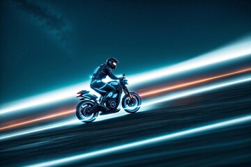 Speeding futuristic motorcycle created with Generative AI.