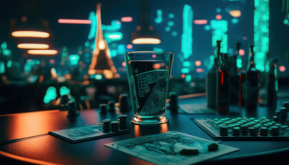 Glass of whiskey with poker chips on the table with city lights in the background. Generative AI