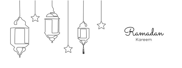 One continuous line drawing of Ramadan kareem. Islamic decoration with lanter and star in simple linear style. muslim religious holiday celebration. Editable stroke. Doodle vector illustration