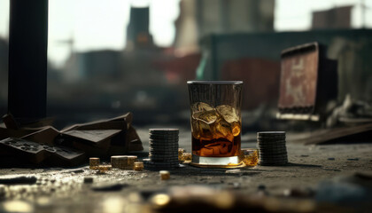 Glass of whiskey with poker chips  with city in the background. Generative AI