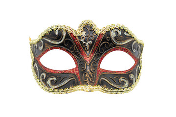 Isolated red and gold masquerade mask against a blank background