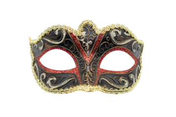 Isolated red and gold masquerade mask against a blank background