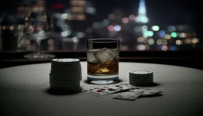 Whiskey glass with poker chips on table with blurred background. Generative AI