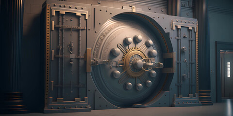 Bank Vault Door - Large and heavy bank vault keeps money and valuables secure. This 3D shaded photorealistic image was created by generative AI - obrazy, fototapety, plakaty